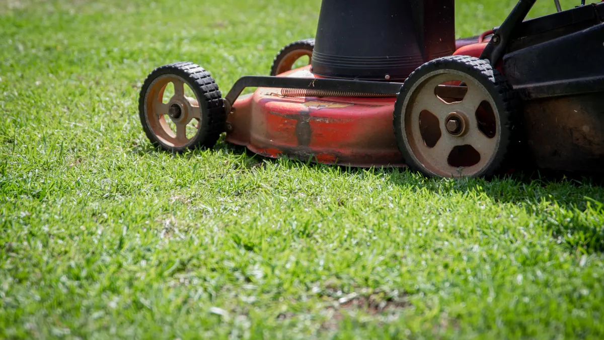 push lawn mower on a green lawn